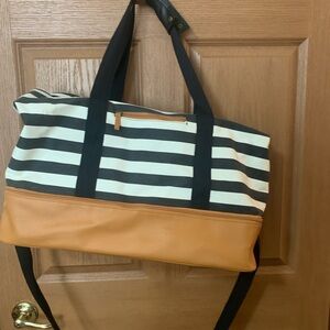 DSW Black and White Striped Tote with Tan Zippered Base